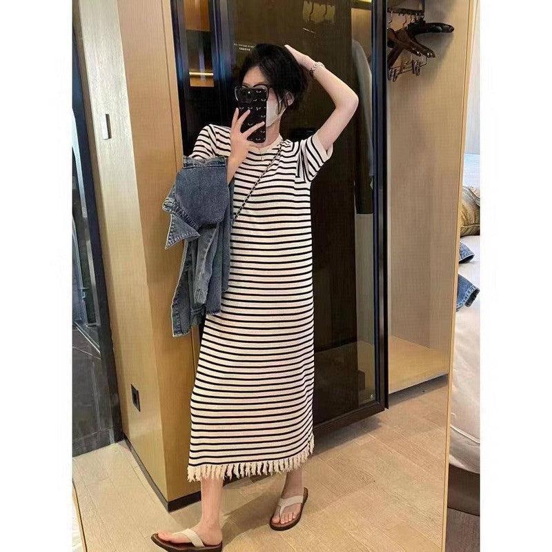 Black Knit Striped Dress Short Sleeve Women Dress maxi dress-2