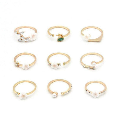 Bohemian Flower Pearl And Diamond 9-piece Ring Joint Ring-Gold-2