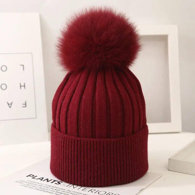 Boys And Girls Woolen Fox Fur Ball Knit Hat-WineRed-7