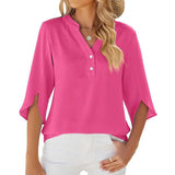 Button V-neck Mid-sleeve Chiffon Shirt Solid Color Top Womens Clothing-Pink-5