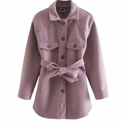 Casual and simple shirt-style mid-length jacket autumn and-Pink-4