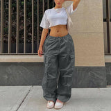 Casual Cargo Pants For Women Solid Color Drawstring Pocket Design Fashion Street Trousers Girls-Grey-4