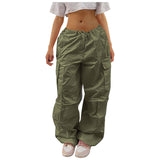 Casual Cargo Pants For Women Solid Color Drawstring Pocket-Army Green-8