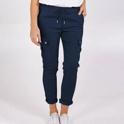 Casual Cargo Pants With Pockets Solid Color Drawstring Waist Pencil Trousers For Women-Navy Blue-6