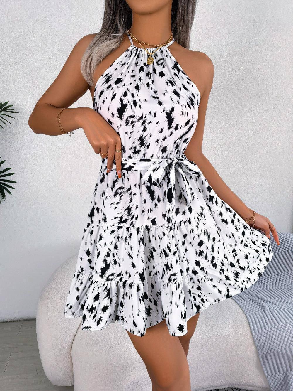 Casual Leopard Print Ruffled Swing Dress Summer Fashion-White-2