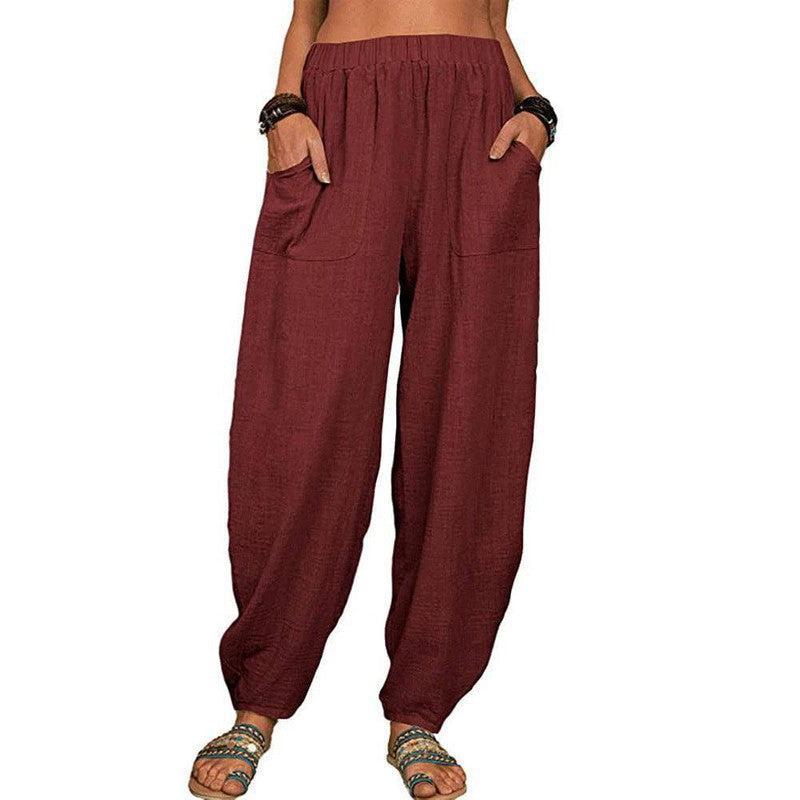 Casual Loose Harem Pants Summer Fashion Solid Color Pockets Navy Blue / 5XL-Wine Red-8