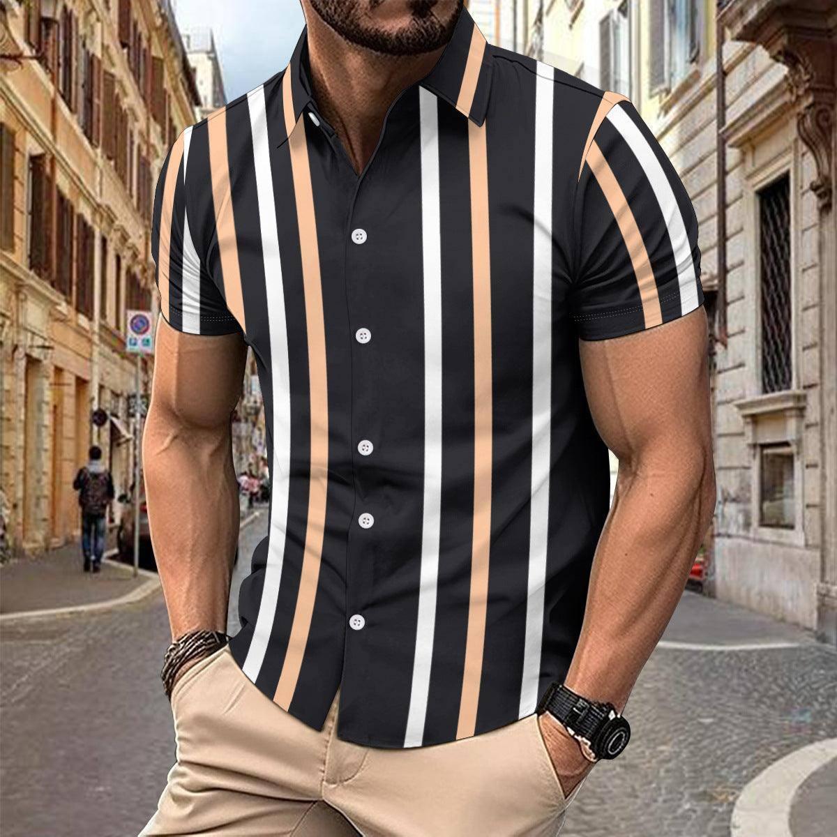 Casual Striped Printed Short Sleeve Shirt Summer Lapel-Black-2