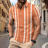 Casual Striped Printed Short Sleeve Shirt Summer Lapel Olive Green / 3XL-Orange-4