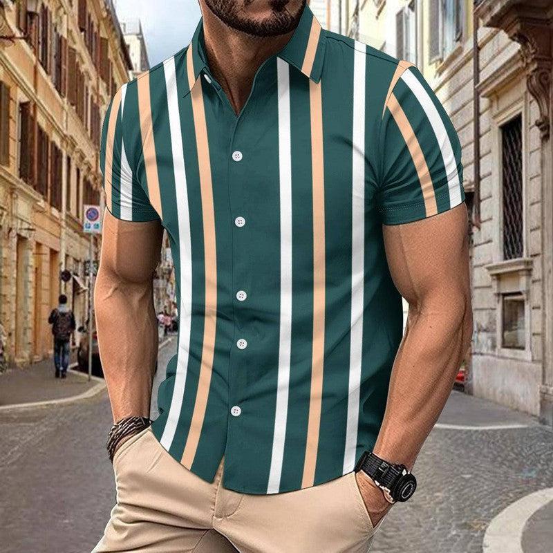 Casual Striped Printed Short Sleeve Shirt Summer Lapel Olive Green / 3XL-Olive Green-6