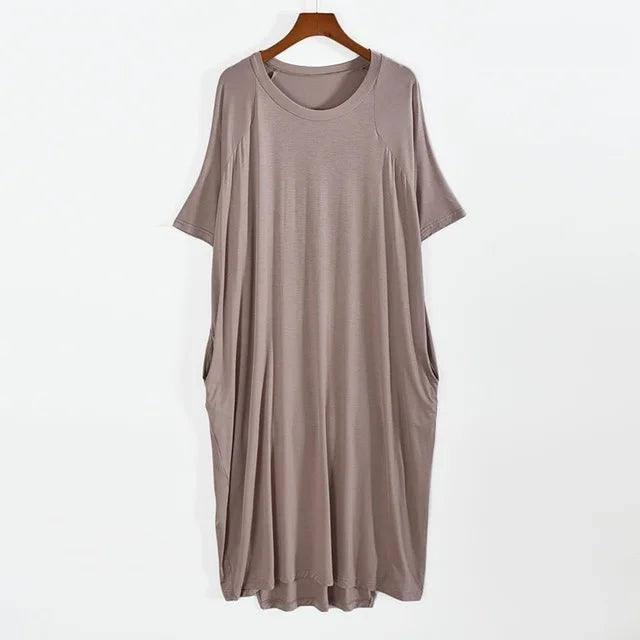 Plus Size 8XL 150kg Women Summer Modal Long Dress O Neck Short Sleeve Soft Comfortable Dresses Ladies Casual Large Home Dress-Khaki-11