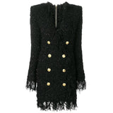 HIGH QUALITY Newest 2024 Designer Runway Women's Long Sleeve Metal Lion Buttons Fringed Tweed Tassel Dress-2