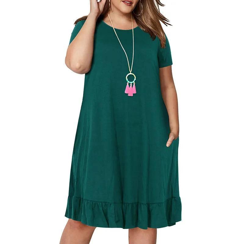 Chic Plus-Size Ruffle Hem Dress in Emerald Green-1