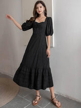 Chic Puff Sleeve Midi Dress: Summer Elegance-Black-3