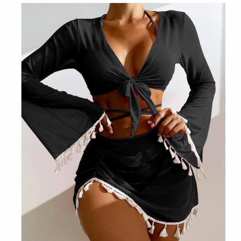 Chic Tassel Beachwear Sets: Trendy Tie-Front Cover-Ups-Black-2