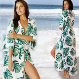 Chiffon Cardigan Green Leaf Print Waist Drawstring Beach-1