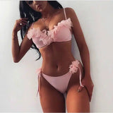 Chiffon floral bikini split swimsuit-Pink-1