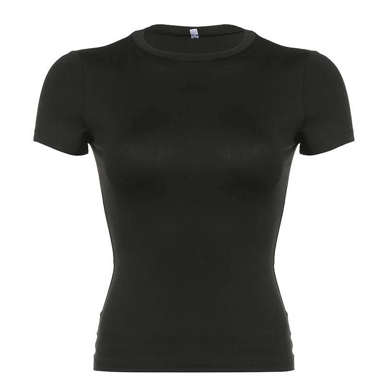 CIBBAR Basic Solid Crop Top Short Sleeve Crewneck Skinny-black-7