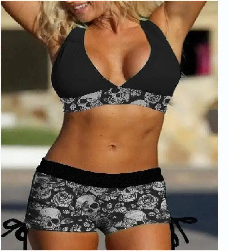 Conservative Bikini Ladies Skull Print Resort Swimsuit-1