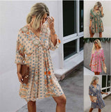 Cross-border V-neck Waist Trimming Printing Dress-2