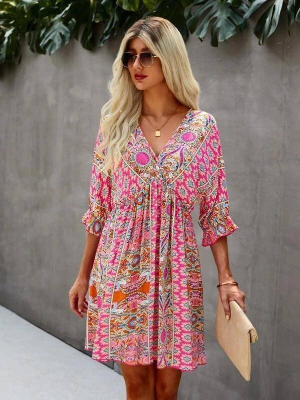 Cross-border Sexy V-neck Waist Trimming Printing Dress-Pink-7