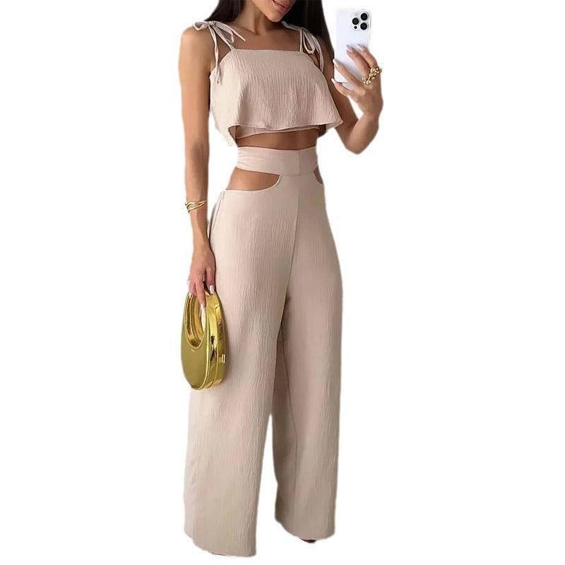 Cross-border Solid Color Sling Top Casual Hollow-out Trousers Suit-3