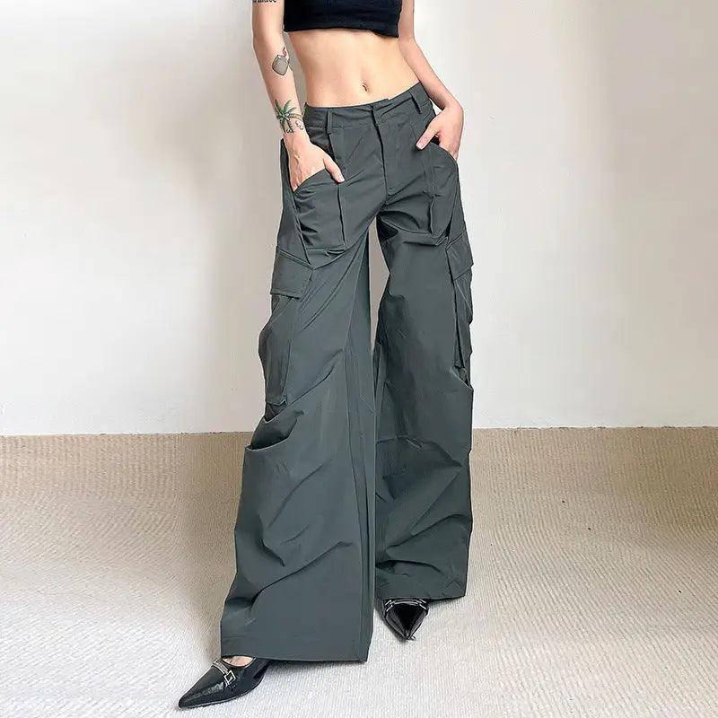 Crumpled Design Irregular Pockets Loose Wide Leg Trousers-2