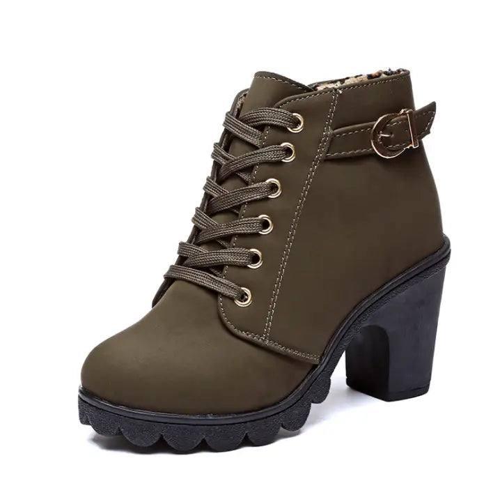 Cuculus Spring Winter Women Boots High Quality Solid Lace-up-ArmyGreen-2