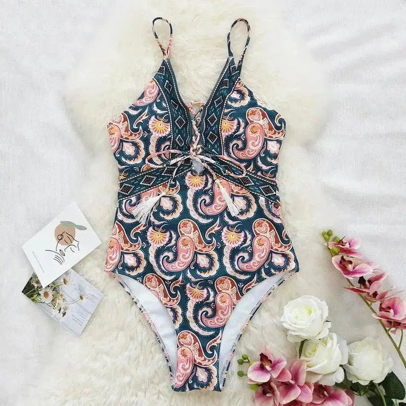 Deep V Tie One Piece Swimsuit Cashew Flower Print Triangle-Blue-2