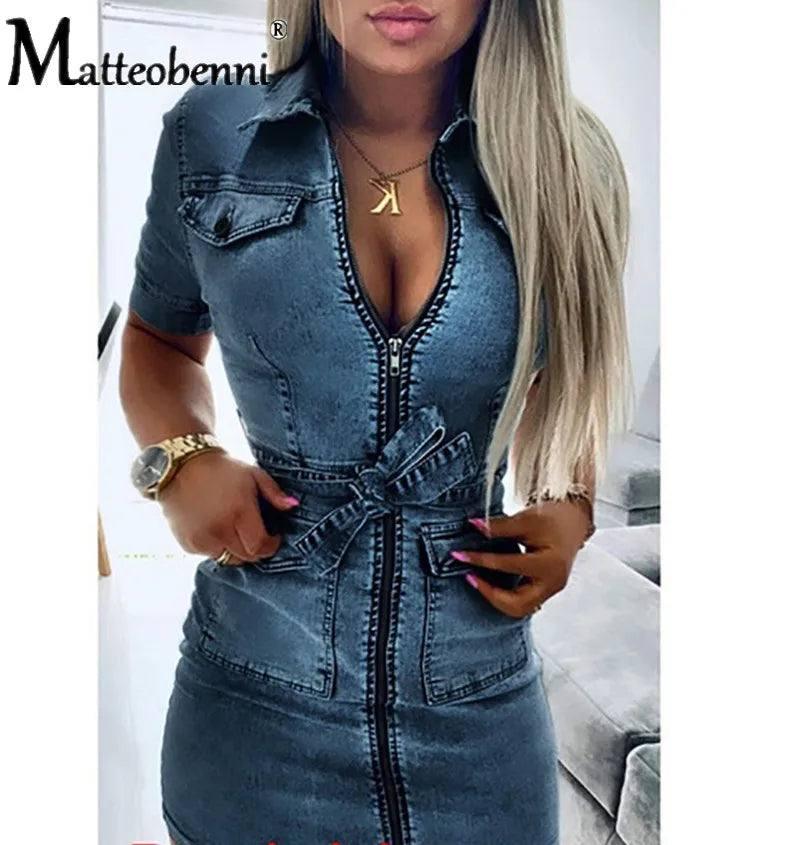 Denim Dress Zipper Casual V Nec-Blue-8