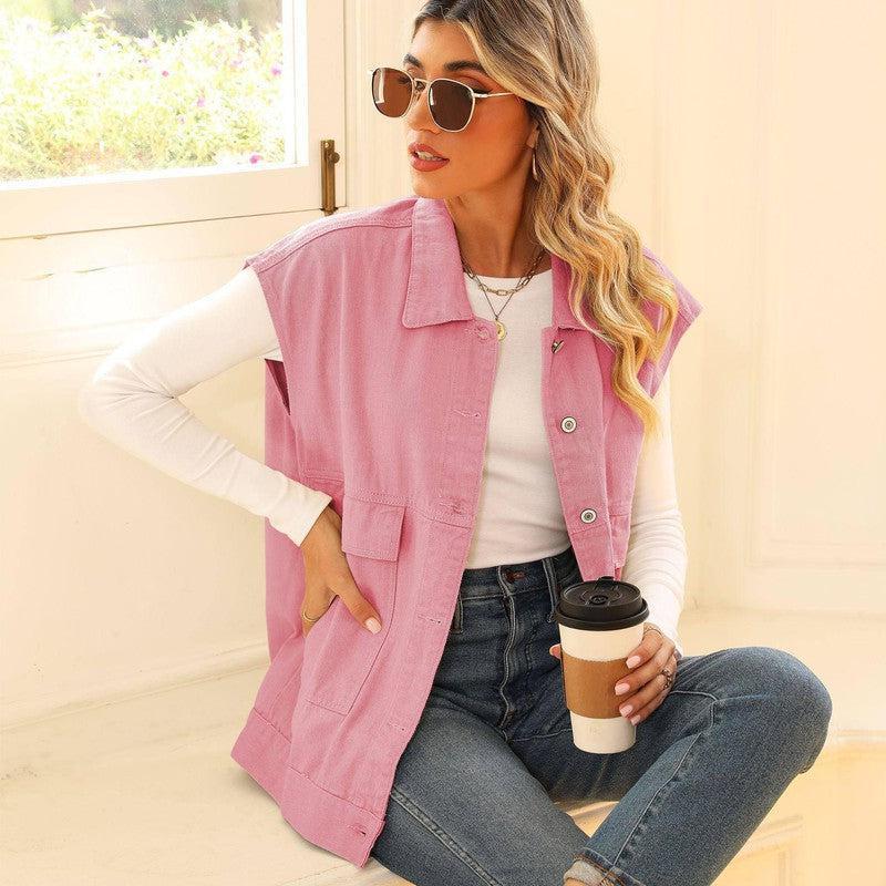 Denim Vest With Big Pockets Fashion Sleeveless Outwear Vest-Pink-5