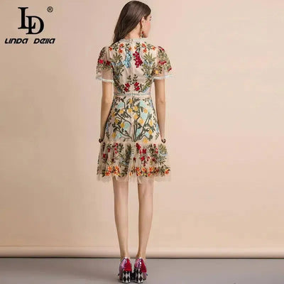 LD LINDA DELLA New 2023 Fashion Runway Summer Dress Women's Flare Sleeve Floral Embroidery Elegant Hollow Out Midi Dresses-4