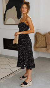 Elegant Polka Dot Slit Dress with Suspender Design-4