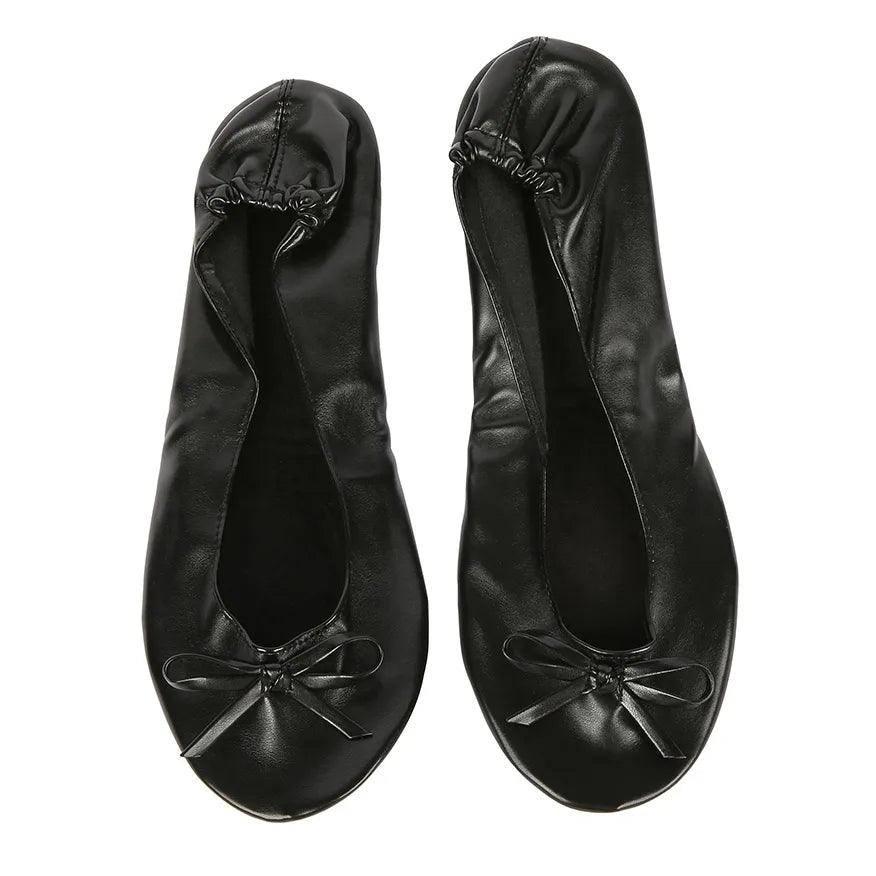 Elegant Satin Ballet Flats with Matching Pouch-Black-7