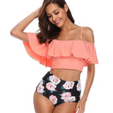 European And American Ruffled Multicolor Printed Bikini-1Orange-5