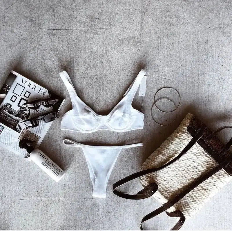 European and American underwire solid color bikini-White-3