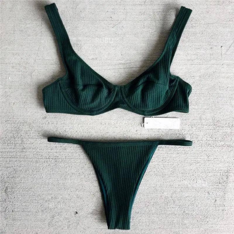 European and American underwire solid color bikini-Green-5