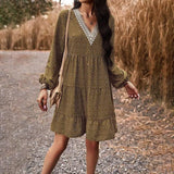 Fall Women's Temperament Leisure V-neck Long-sleeve Dress-Brown-7