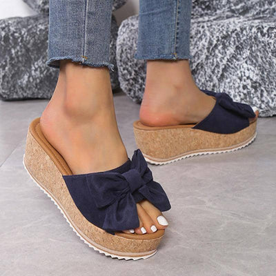 Fashion Bow Leopard Print Wedge Slippers For Women New-4