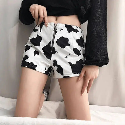 Fashion cow print slim zipper shorts women's casual pants-White-8