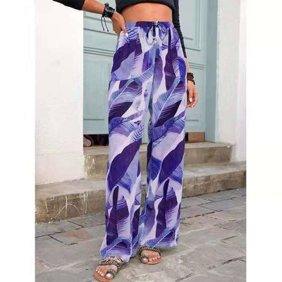 Fashion Drawstring Leaf Print Beach Pants Summer Casual-Dark Purple-3