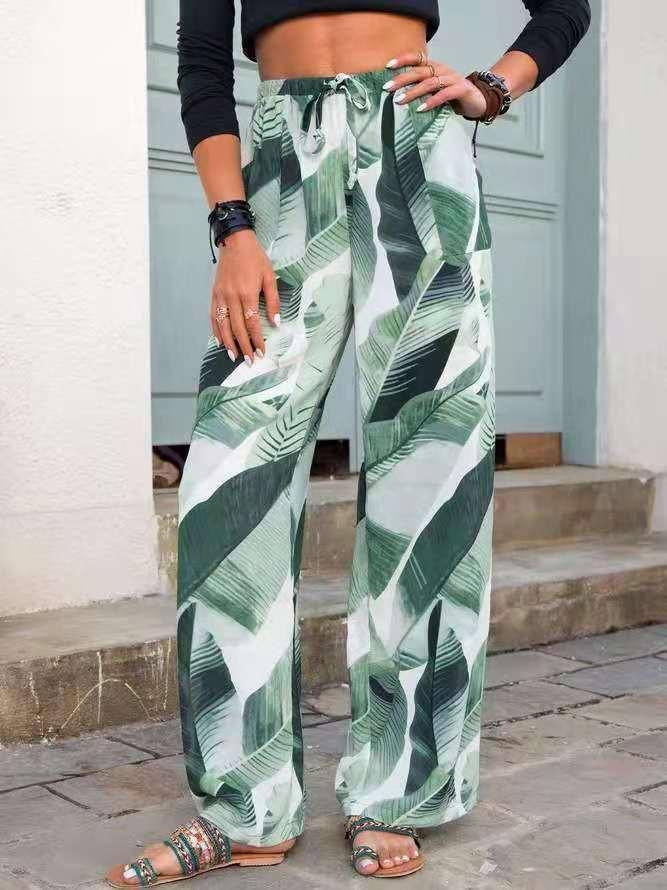 Stylish Leaf Print Beach Pants for Summer-Green-5