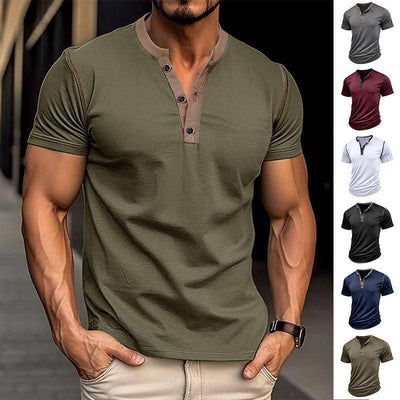 Fashion Short-sleeved Polo Shirt Summer Button V-neck Black / 2XL-1