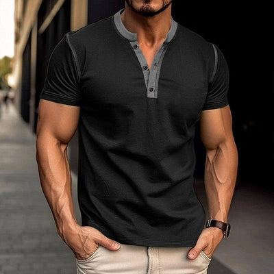 Fashion Short-sleeved Polo Shirt Summer Button V-neck Black / 2XL-Black-3