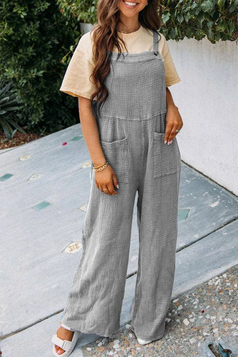 Fashion Square Neck Jumpsuit With Pockets Spring Summer Casual Solid Color Loose Overalls Womens Clothing-Grey-4