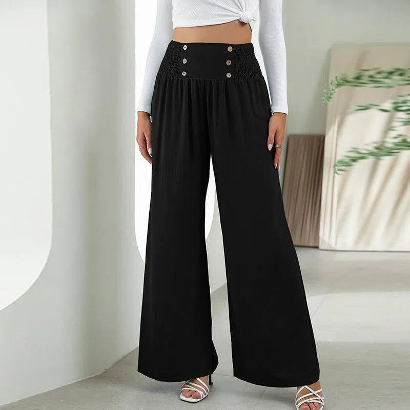 Fashion Straight Wide Leg Pants Elastic High Waist Casual Trousers For Women-Black-6