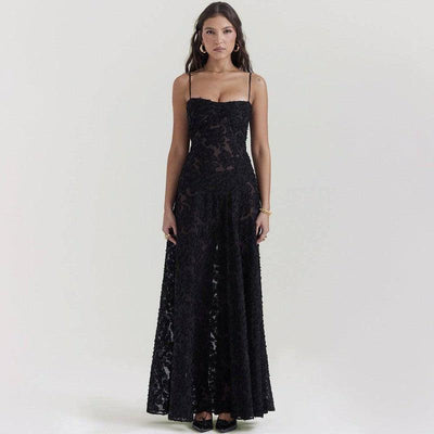 Fashion Suspender Lace Long Dress Summer Strapless Collar-8