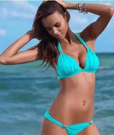 fashion two-piece solid color bikini hard cup swimsuit-Blue-2