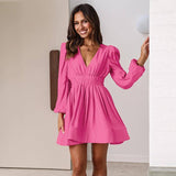 Fashion V-neck Dress Women's Elastic Waist Pleated Ruffled-2