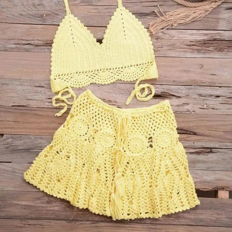 Fashionable Modern Hand-woven Beach Vacation Strappy Bikini-Yellow-3