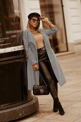 Fashionable Tie Long Woolen Jacket-Houndstooth-2